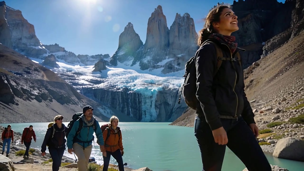 Una donna escursionista in testa si gira verso il bagliore del sole presso un lago turchese, ammirando le cime con gli zaini.