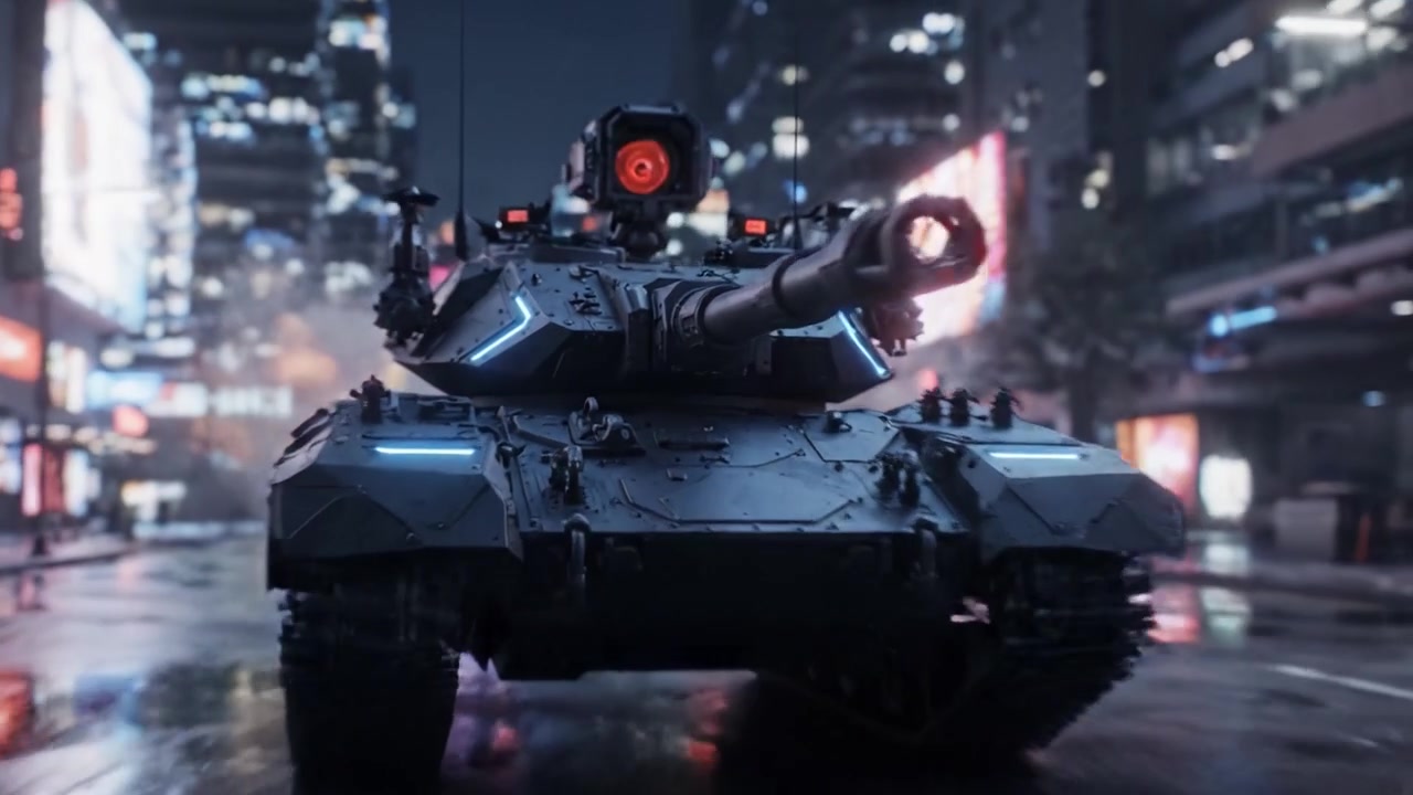 A futuristic tank navigates a vibrant, neon-lit cityscape, showcasing advanced technology and military might while reflecting the urban chaos of night scenes.