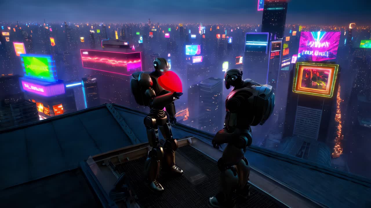 두 개의 로이 미래의 도시 풍경에서 심장을 공유하고 있습니다.