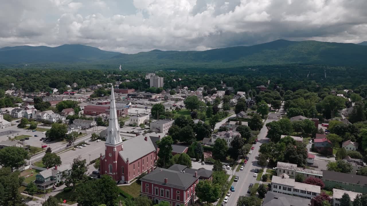 Drone shot of and old church in downtown Rutland Vermont