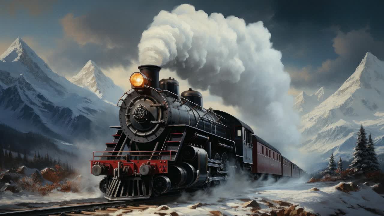 Un tren de vapor antiguo atraviesa montañas nevadas, capturado desde un ángulo bajo, con un estilo cinematográfico