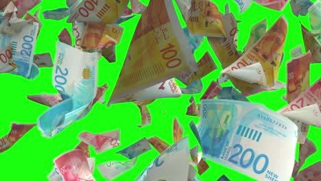 falling israeli new shekel banknotes on green chroma key 4k loopable