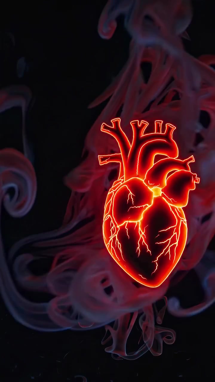 Glowing Anatomical Heart Surrounded by Swirling Ink Clouds