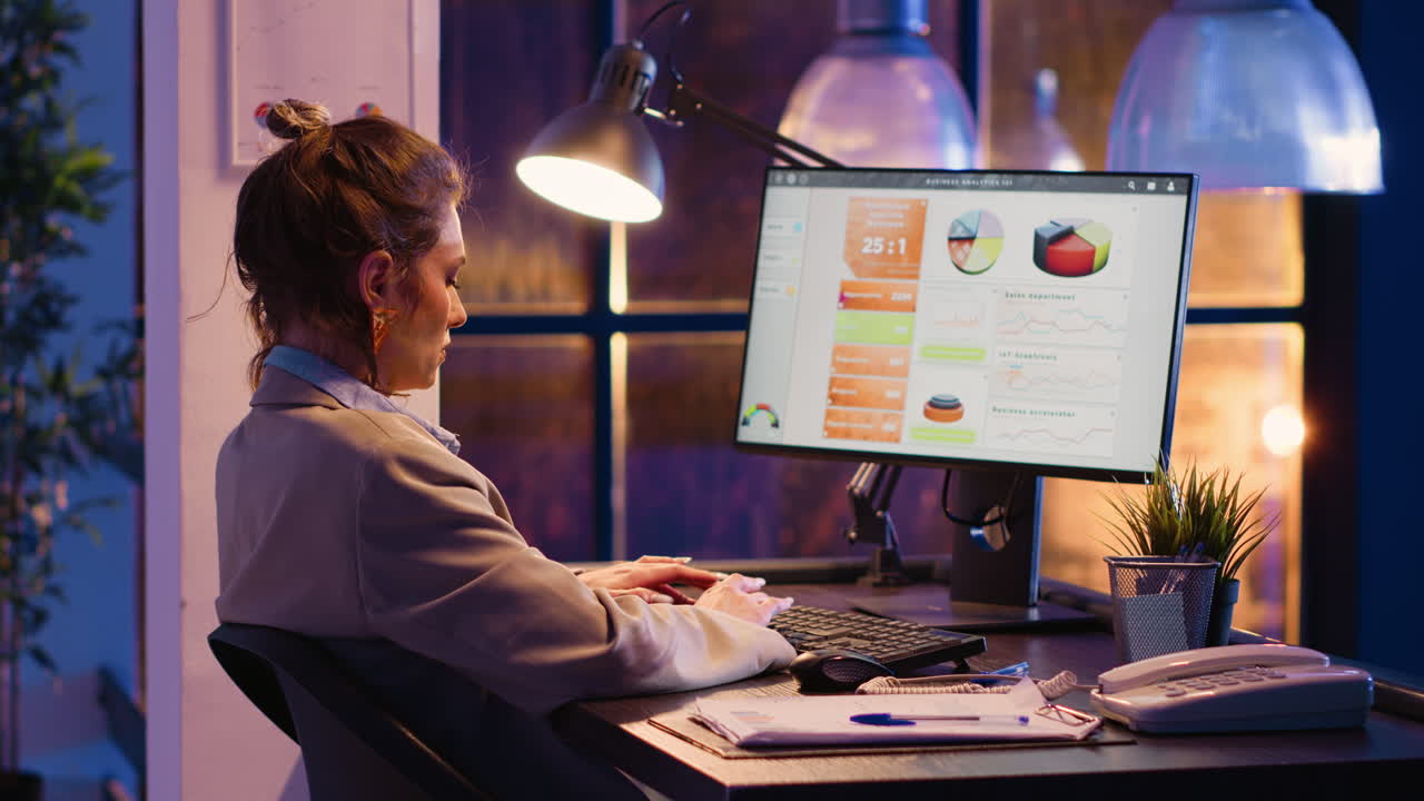 Forretningskvinde, der arbejder på computer ved skrivebord på kontoret
