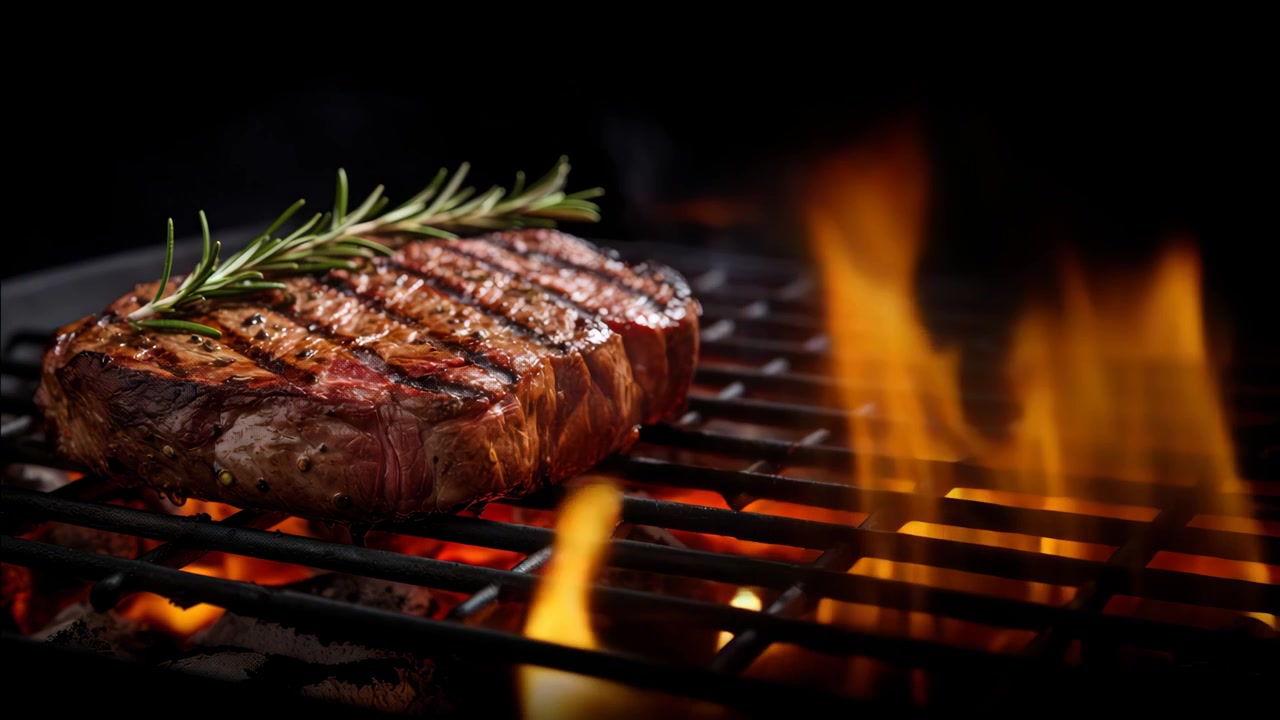 Bistecca succulenta che griglia sul barbecue con rosmarino e fiamme