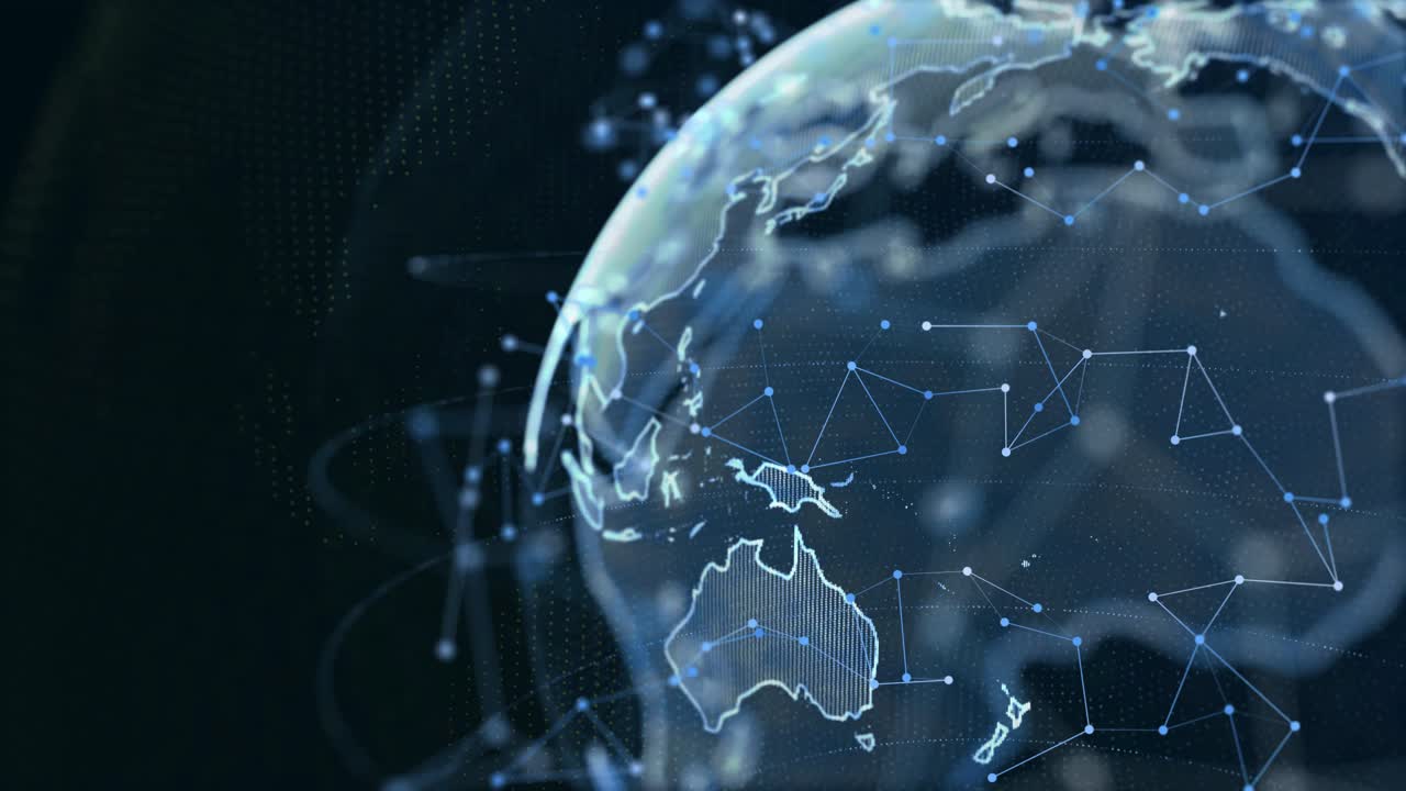 Rotating globe with shining continents 4k 3d loop animation with alpha technology network data