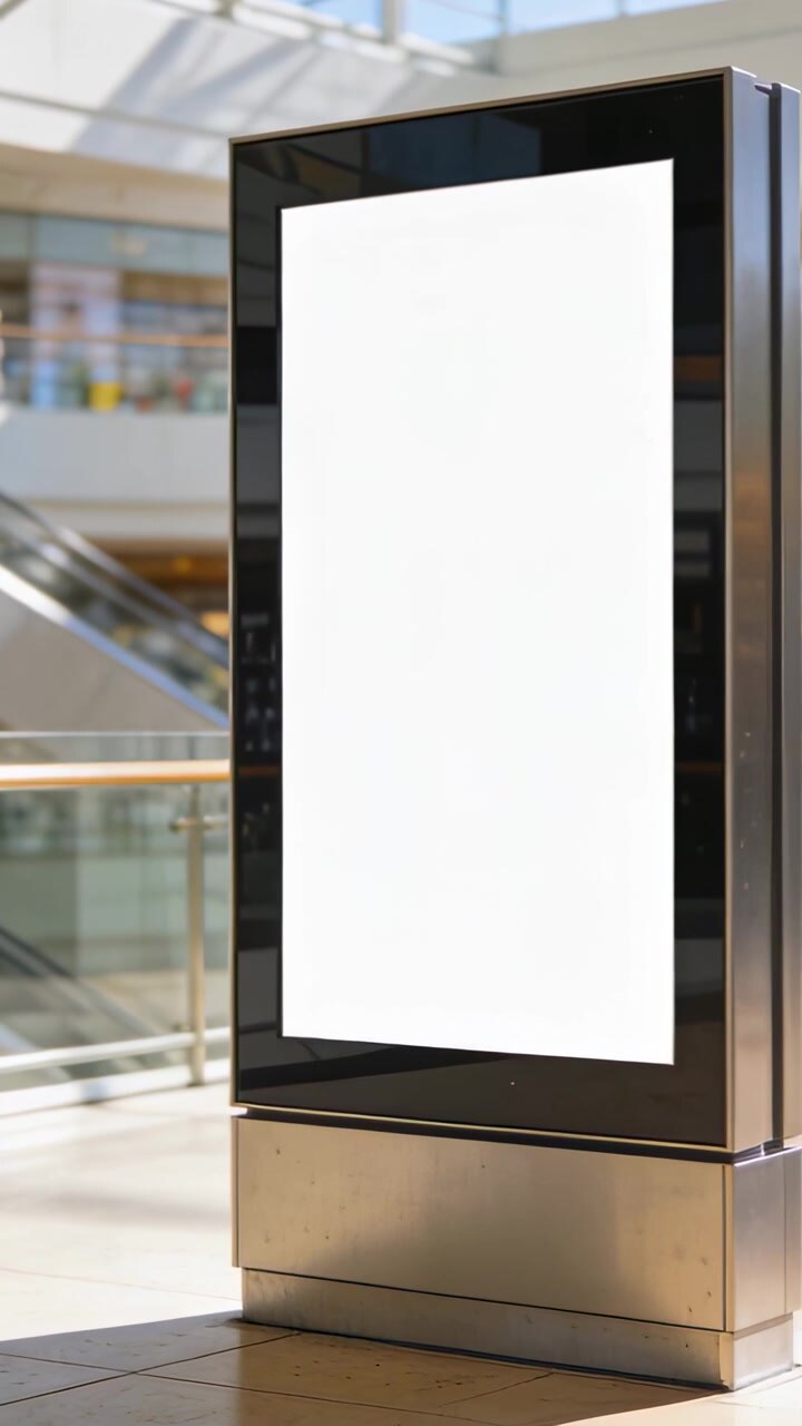 Vertikal video: Skiftende kamera viser en digital kiosk, der forbliver blank i et indkøbscenter med afslappede shoppere.