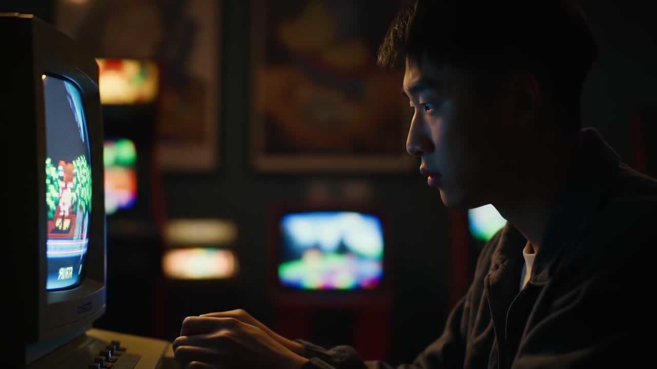 A young man intensely focused on a vintage computer screen in a dimly lit arcade, surrounded by retro gaming machines, showcasing the charm of classic gaming culture