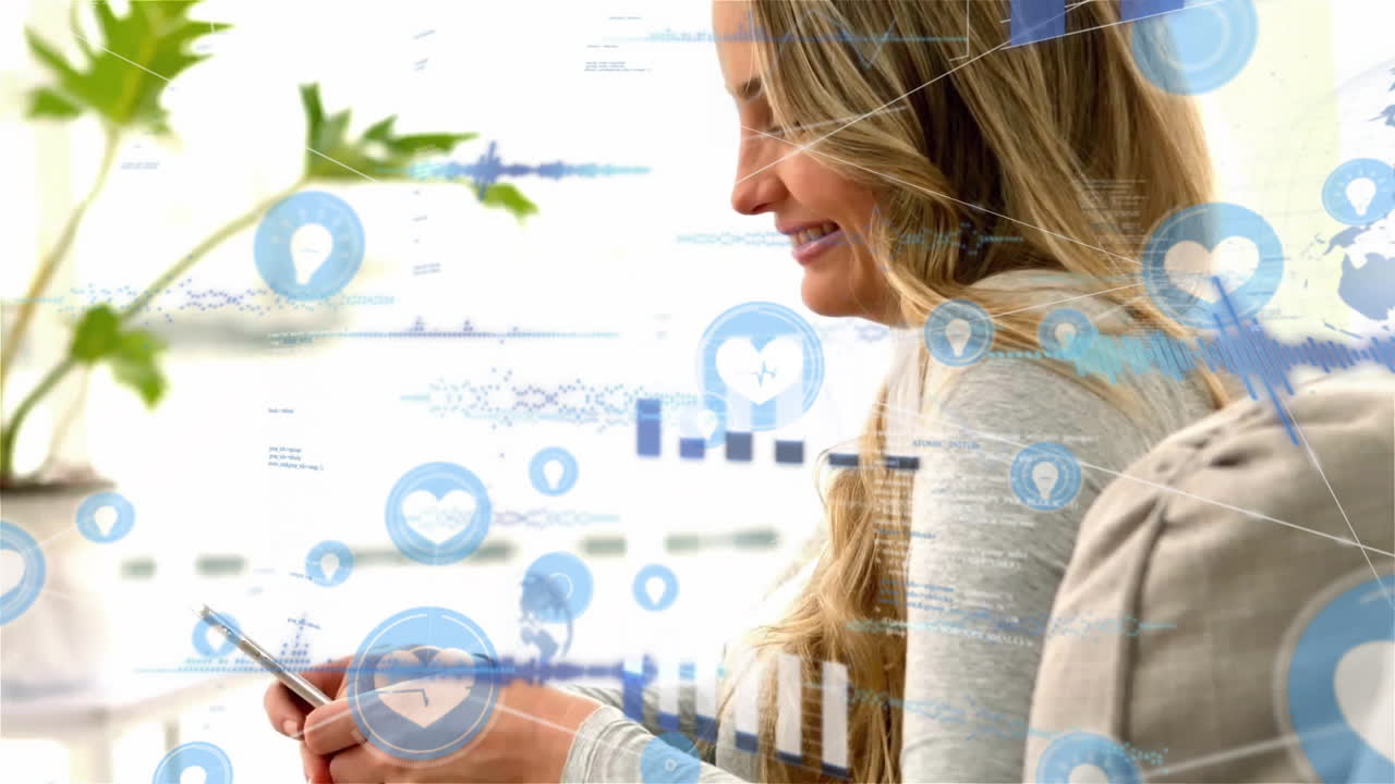 animación de una red de conexiones con iconos sobre una mujer caucásica usando una tableta