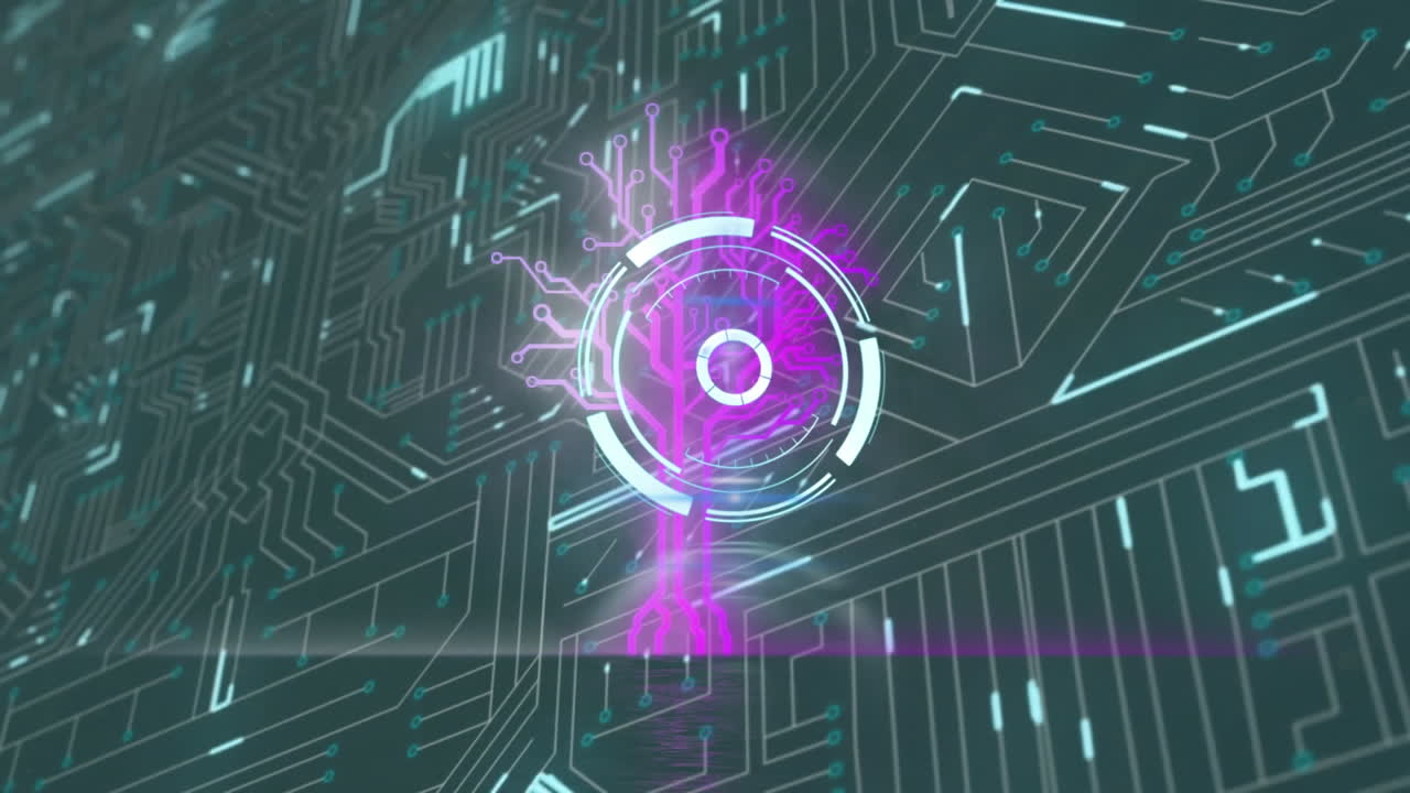 animazione del cerchio di elaborazione e del circuito integrato su sfondo nero.