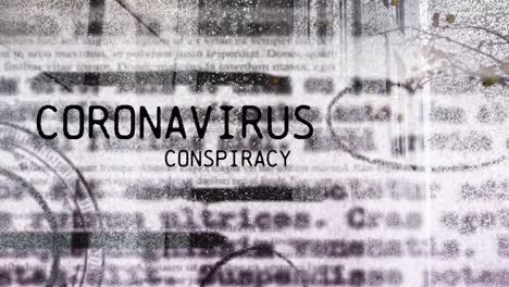 Animation-of-coronavirus-conspiracy-with-circle-marking-on-old-newspaper-over-building