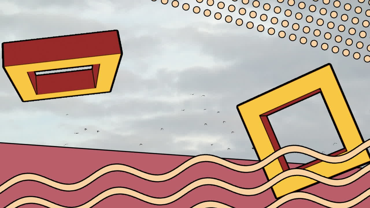 Animation of network of retro shapes moving over sky