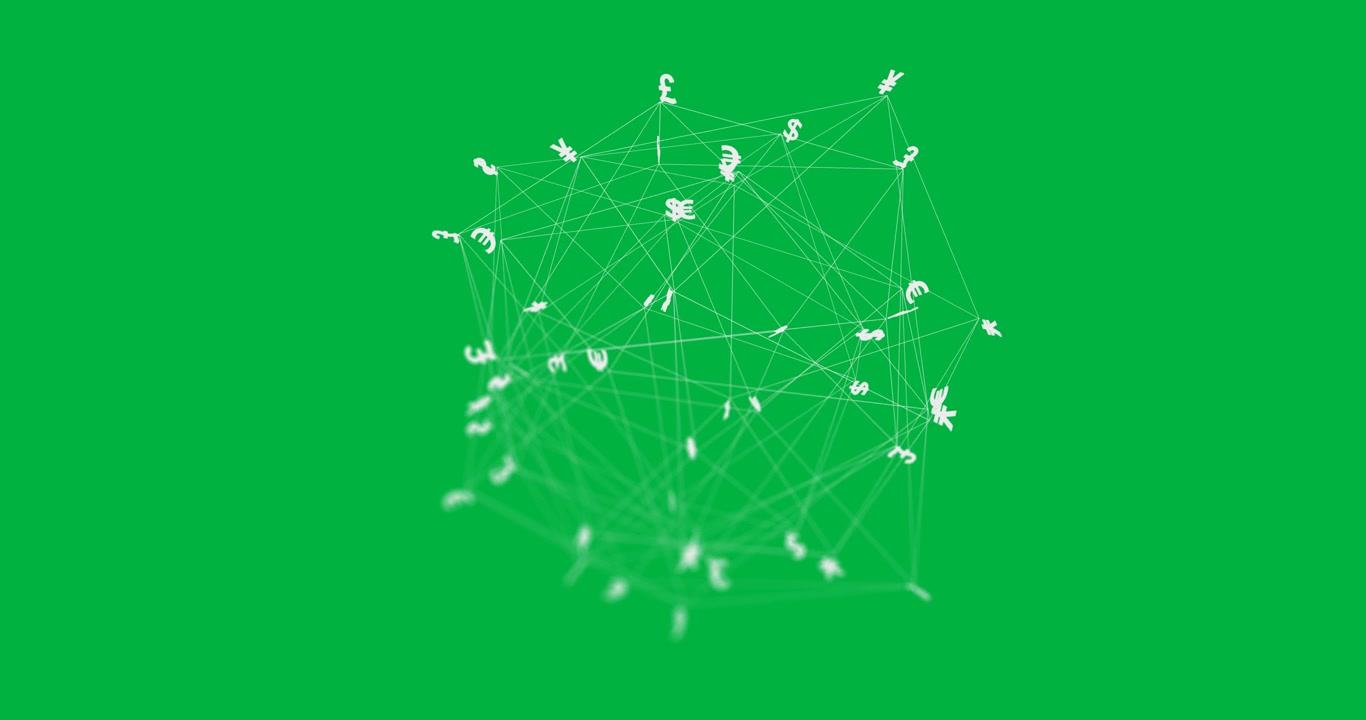 Animation of currency symbols and network of connections over transparent background
