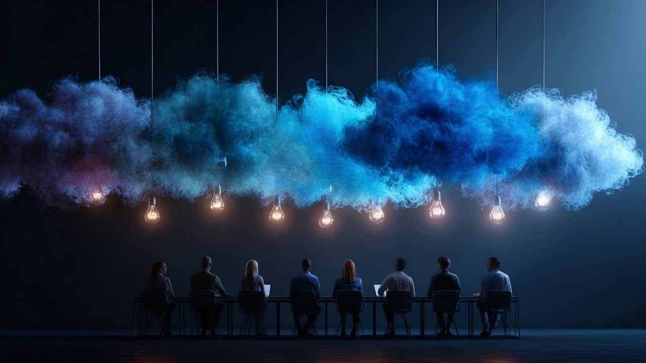 Illuminating Ideas: A Gathering of Minds Under Colorful Clouds of Creativity Enhanced by Ambient Lighting in an Engaging Display of Innovation and Collaboration