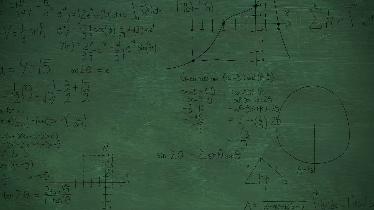 Mathmatical calculations in black on a green chalkboard background 4k