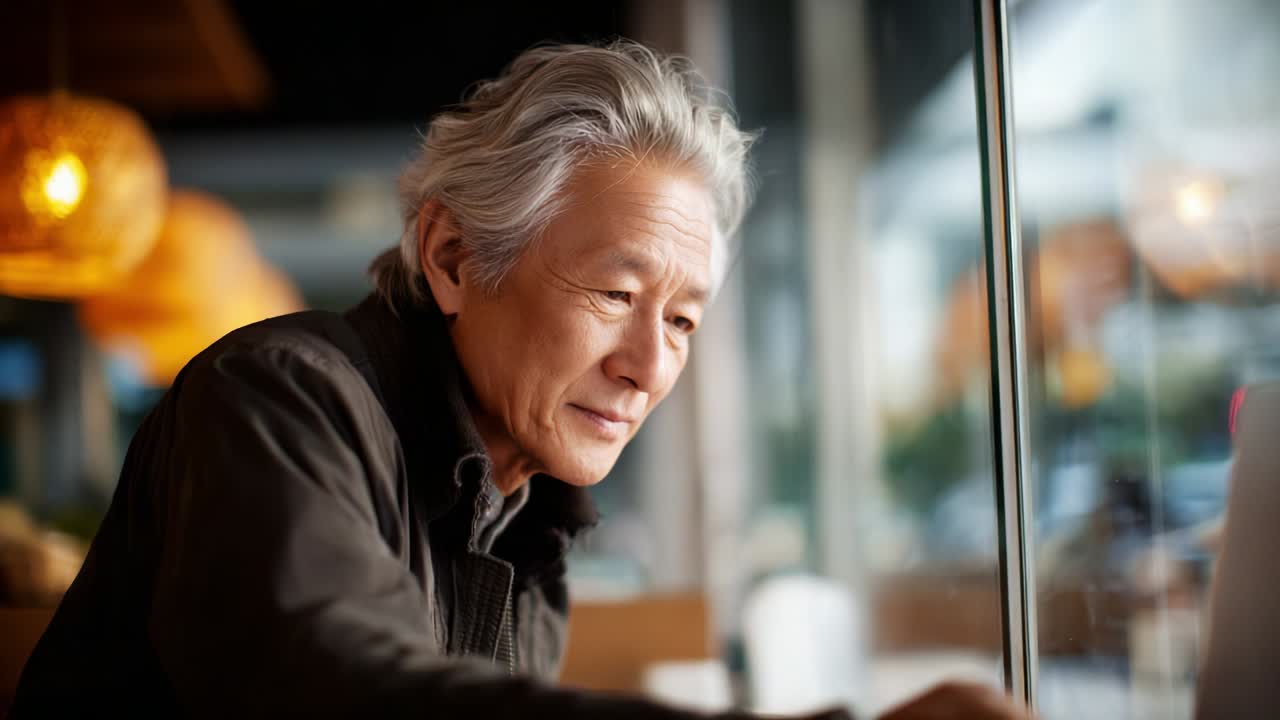 A contemplative moment captured in two frames, showcasing an older gentleman with grey hair, focusing intently on his surroundings, evoking feelings of reflection, wisdom, and quietude in a serene café environment
