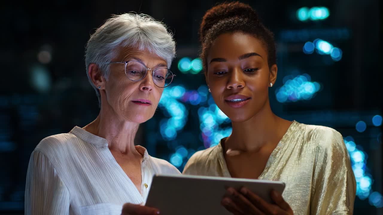 Two Women Engaged in a Shared Moment of Discovery as They Explore Information Together on a Tablet, Showcasing Intergenerational Learning and Collaborative Technology Use in a Modern Setting