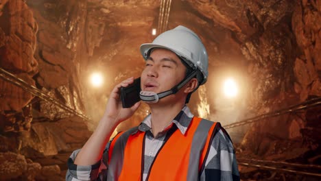 close up side view of asian male engineer with safety helmet talking on smartphone while standing in underground mine tunnel