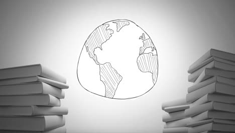globo dibujado a mano entre dos pilas de libros