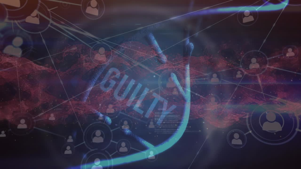 Animation of network of profile icons over spinning dna structure against blue background