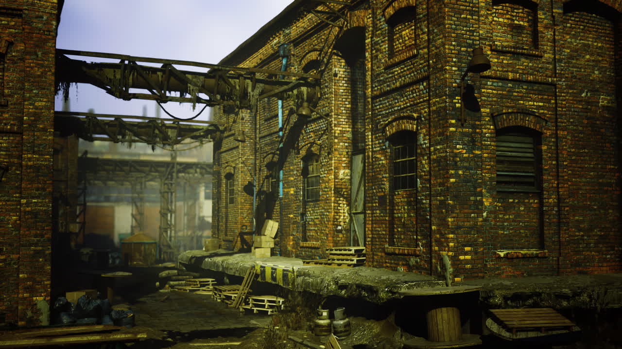 Old brick warehouse with industrial remnants and subtle light reflections