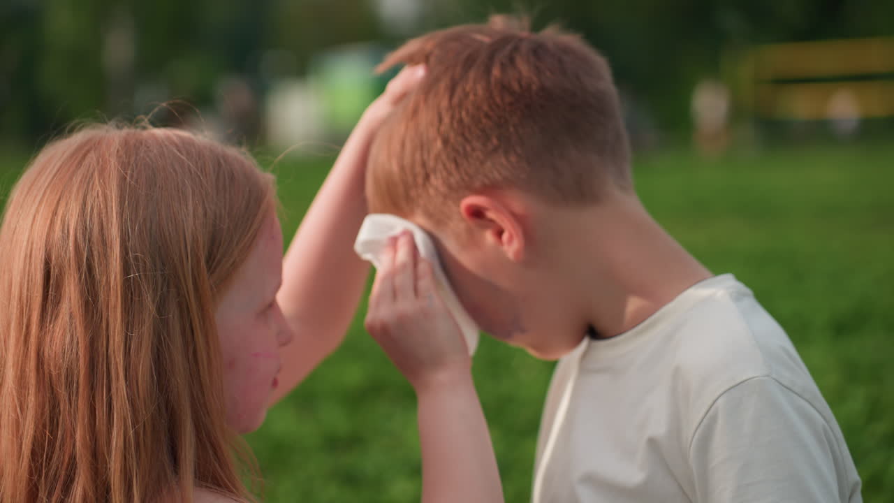 close up hands of girl cleaning paint from brother face with tissue in green park, warm light creating soft background blur showing gentle sibling care during summer play