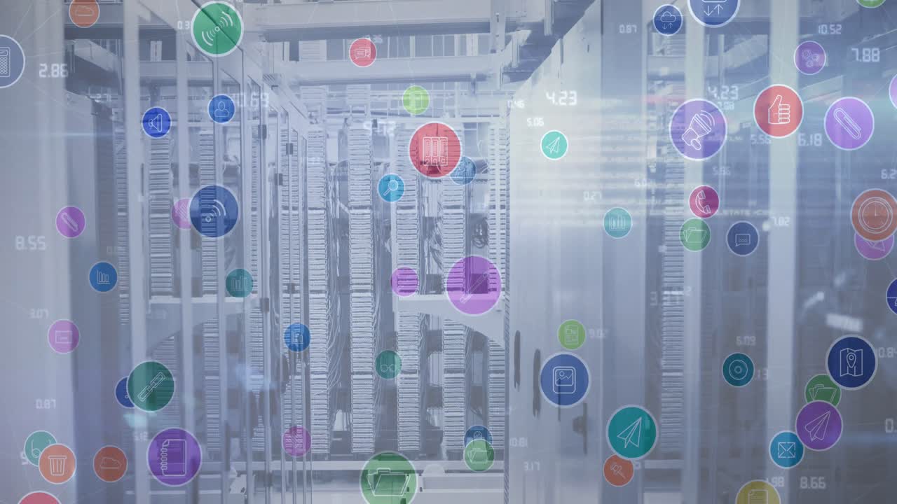 디지털 아이콘의 애니메이션과 백그라운드에서 컴퓨터 서버를 통해 데이터 처리