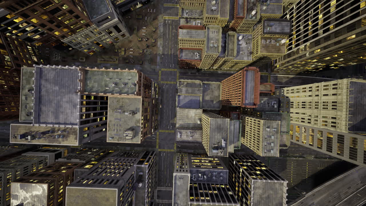 Urban skyline viewed from above showcasing city streets and buildings