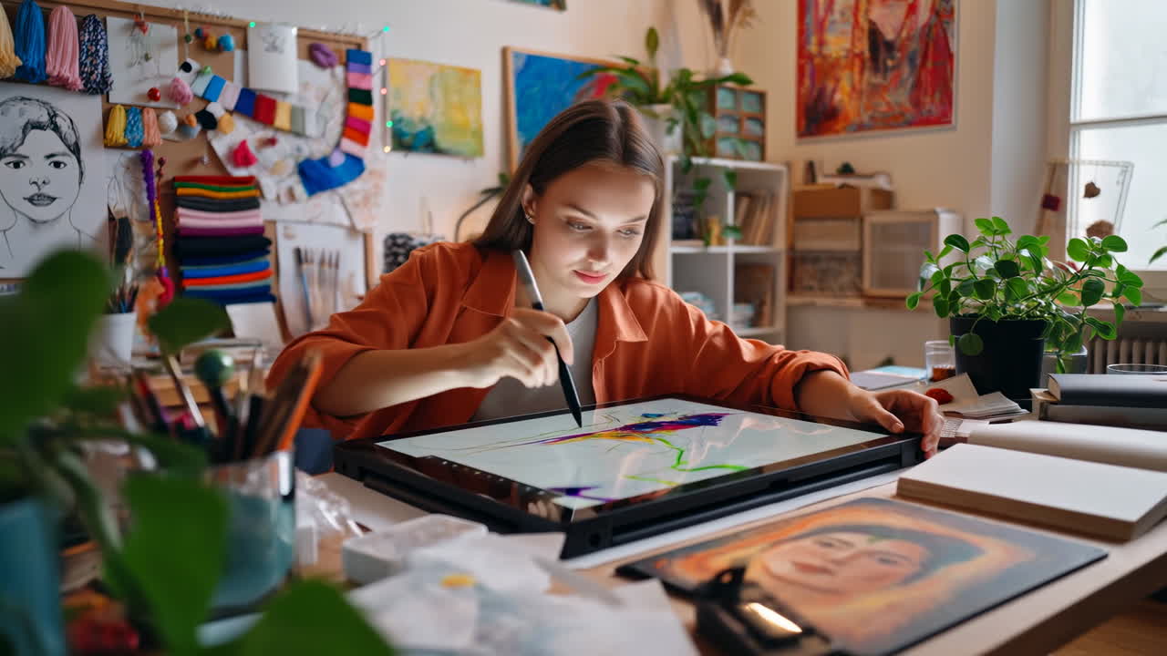 Young Caucasian Woman Painting At Desk In Cozy Sunlit Studio Using Digital Tablet And Stylus, Surrounded