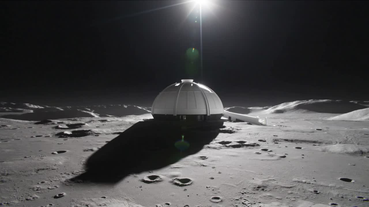 Casting dark shadow, white segmented dome shifting on lunar plain, sun making green flare with ramp