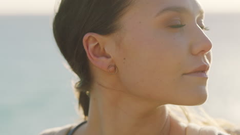 woman, face and relax on beach thinking for travel