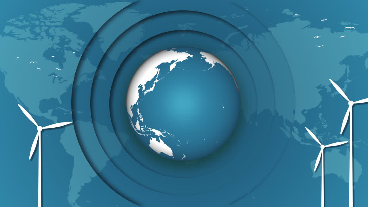 Wind turbines on the background of the world map. Blue rotating planet Earth. Looped animation in ecological style.
