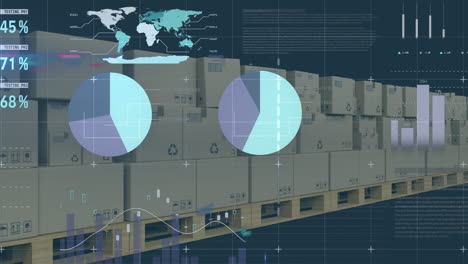 procesamiento de datos estadísticos contra múltiples cajas en la cinta transportadora contra un fondo azul