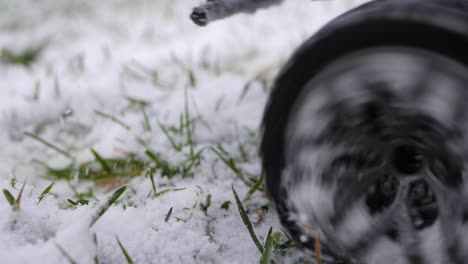 close up of a rc racing car tire which starts in the snow