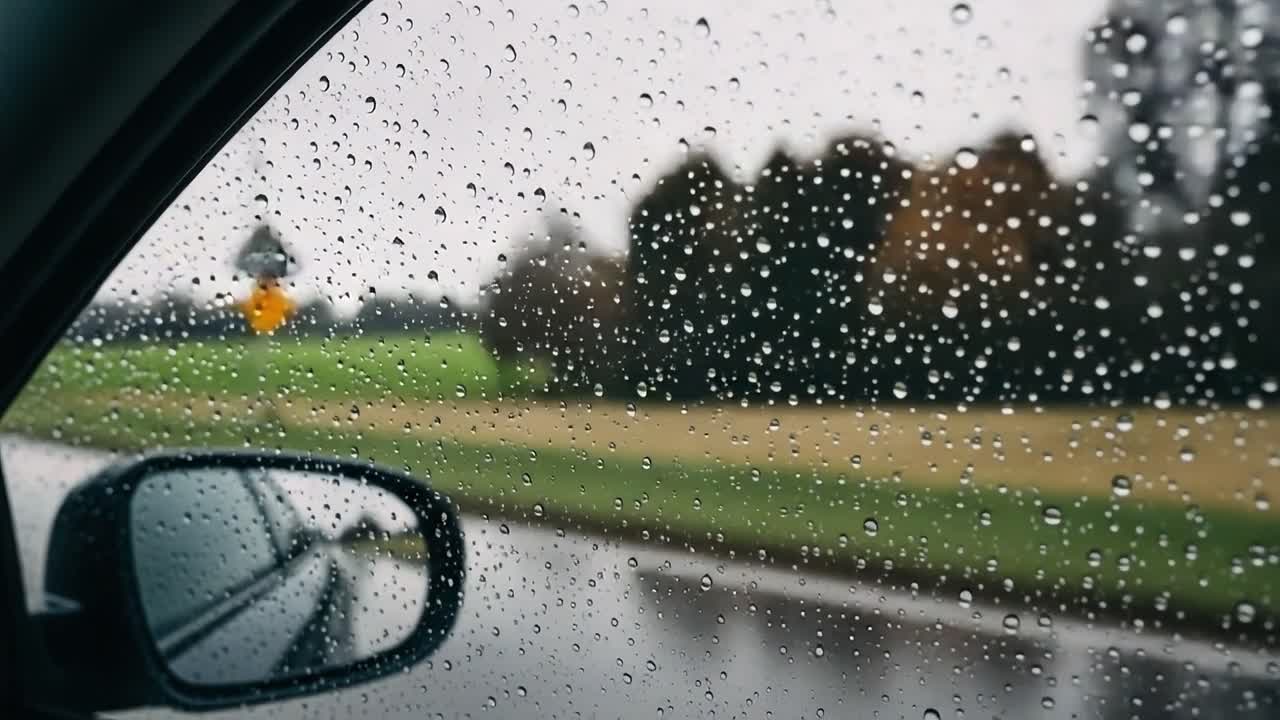 A Serene Journey Through Rainy Weather Captured from Inside a Car, Showcasing the Beauty of Raindrops on the Window and the Lush Green Landscape Beyond