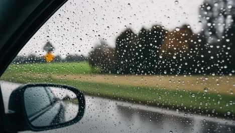 a serene journey through rainy weather captured from inside a car, showcasing the beauty of raindrops on the window and the lush green landscape beyond