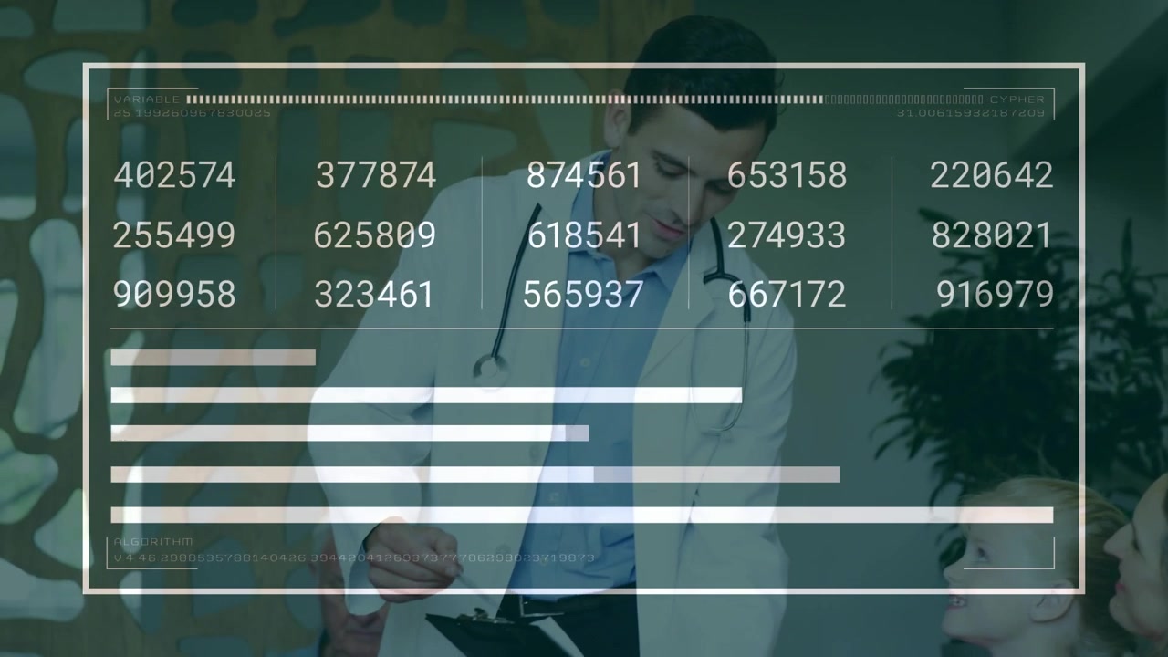 Medico che prende appunti sul blocco note mentre un overlay dell'interfaccia utente appare e anima grafici medici che spiegano i dati pediatrici