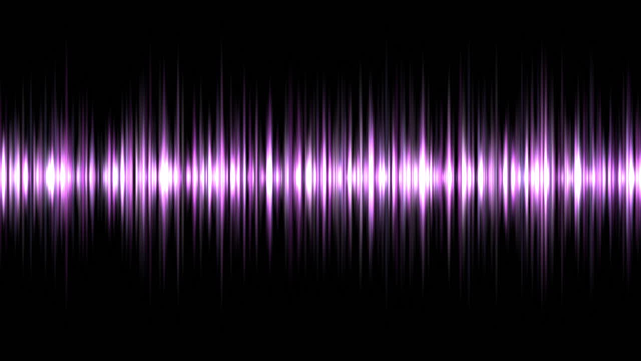 A vibrant Purple audio waveform pulsates against a deep black background. 4K with glowing vertical bars reacting to sound frequencies, perfect for music visualizer, podcast intros