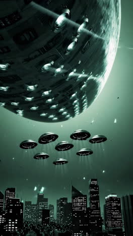 alien invasion over a city at night