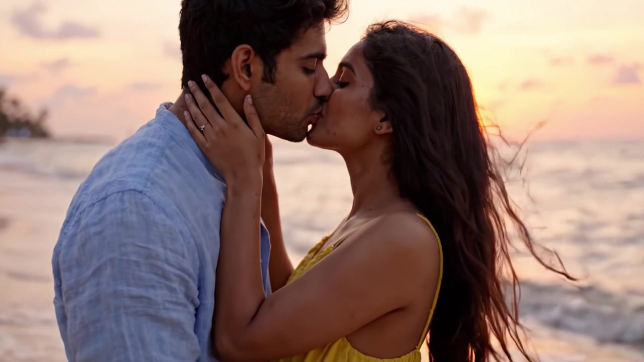 Un romantico abbraccio al tramonto: momento accattivante condiviso da una coppia sulla spiaggia mentre si connettono profondamente, circondati dalla bellezza della natura durante l'ora d'oro.