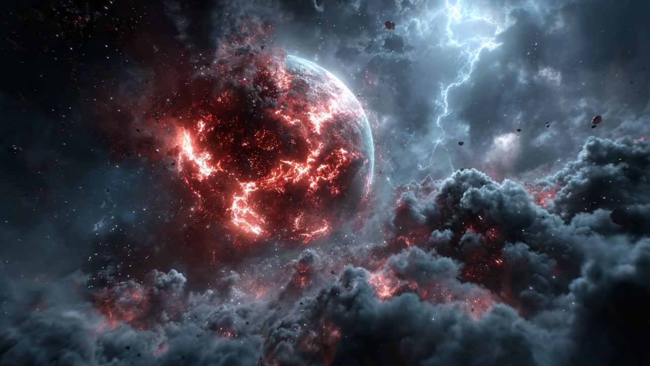 Explosive Celestial Event: Stunning Cosmic Scene Depicting an Incendiary Planet Surrounded by Dynamic Clouds and Electric Storms in the Vast Universe