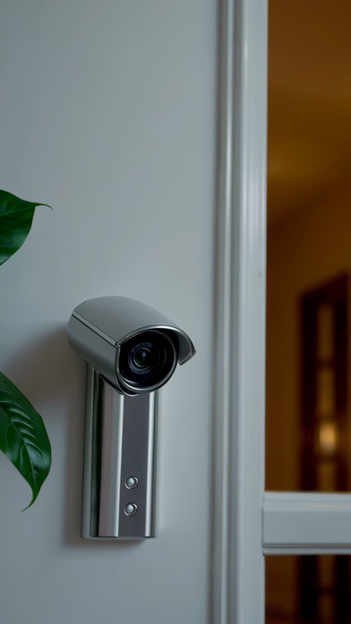 Security camera on a white door, interior shot