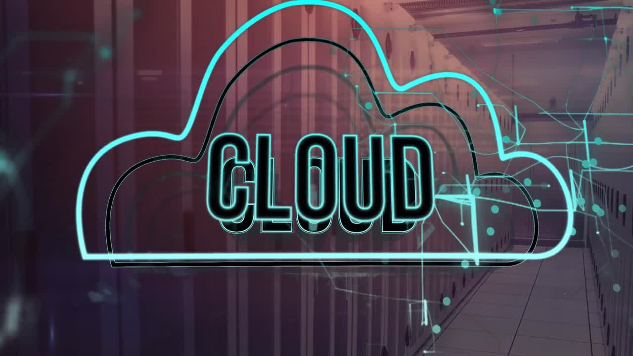 animación del texto en la nube, círculos y patrón de navegación sobre la sala del servidor