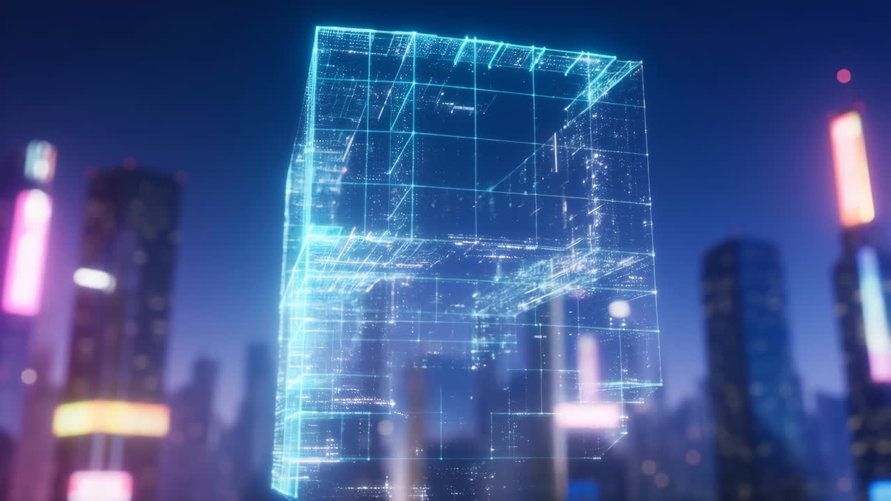 Futuristic Digital Grid Cube in a Cyber City