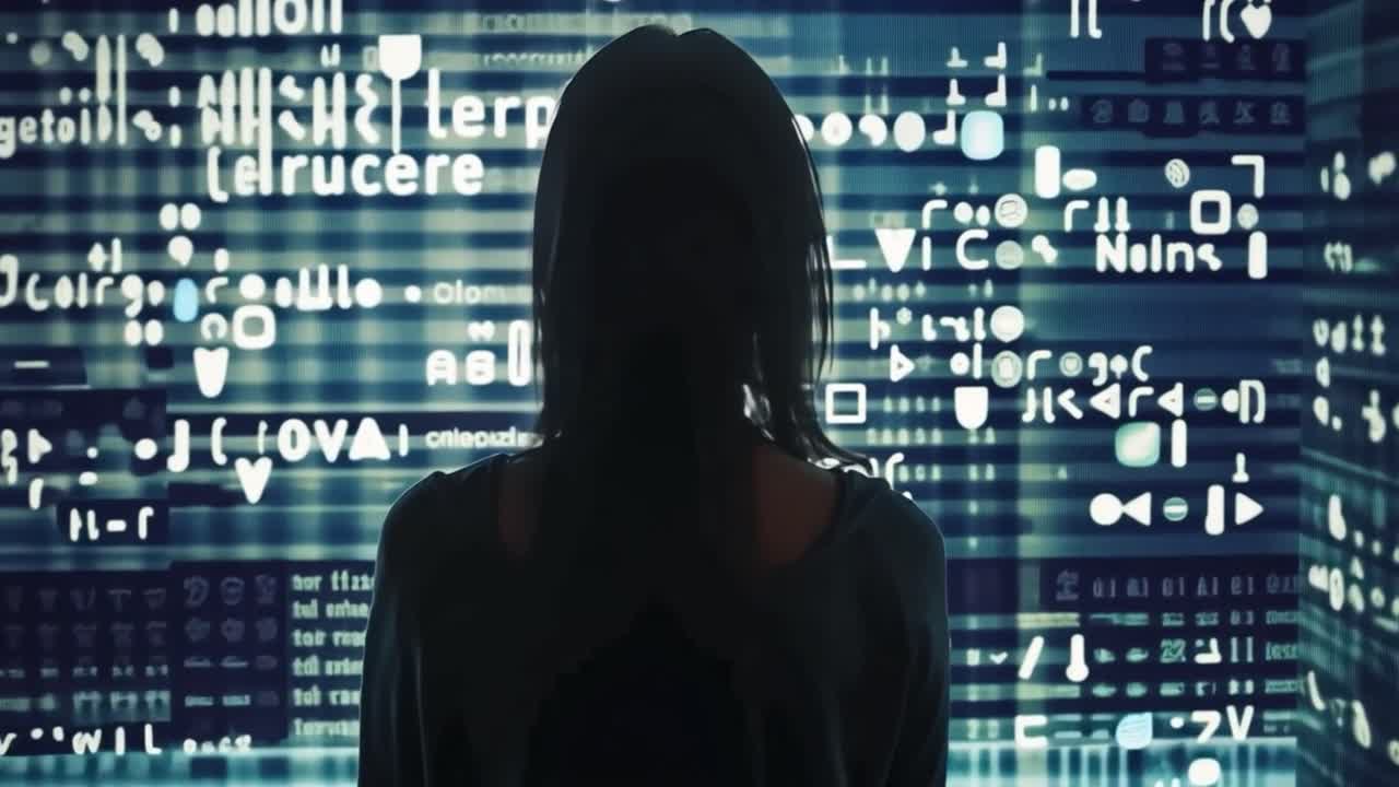 Person Facing a Wall of Digital Code and Information