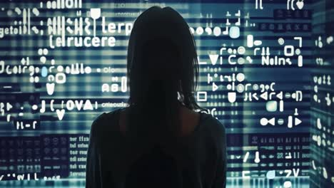 person facing a wall of digital code and information