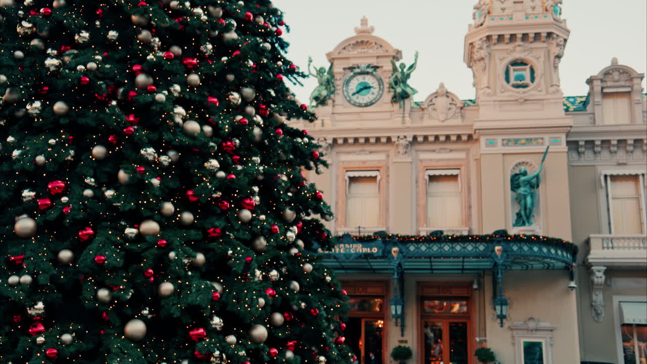 Monte Carlo , Monaco -December 23, 2024: Decorations on a Christmas tree in front of the Monte Carlo Casino