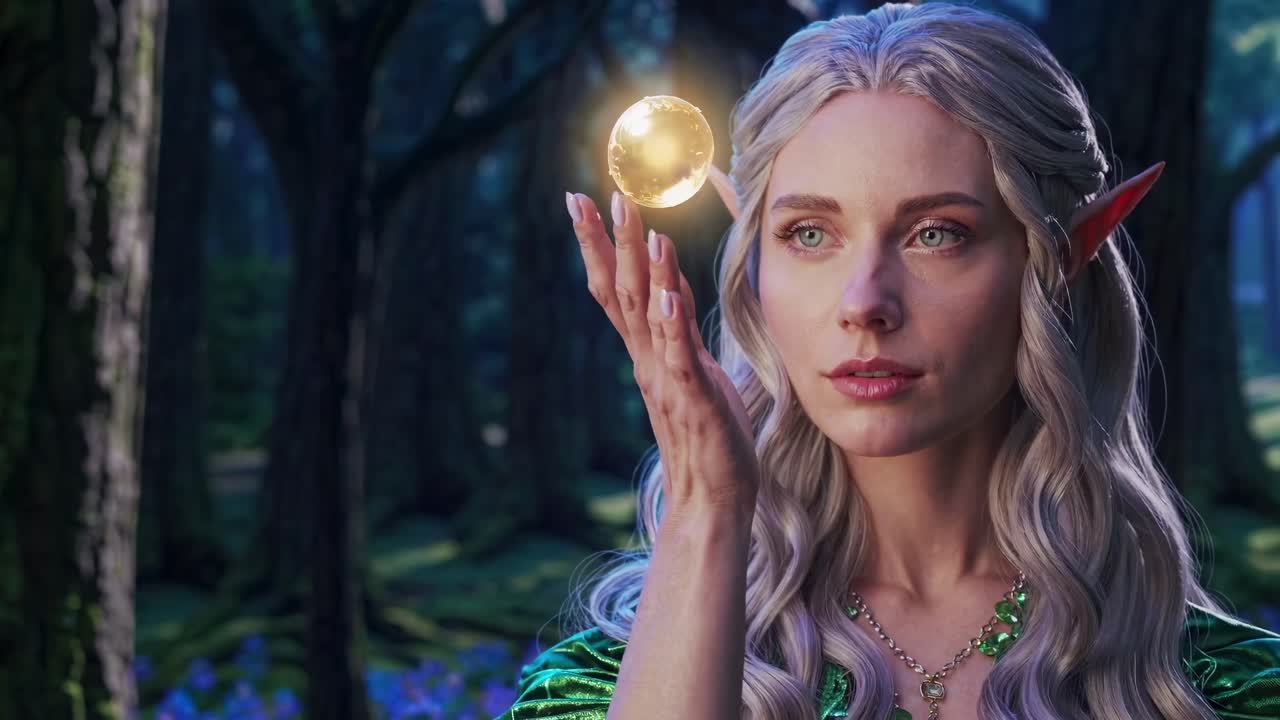 Una scena video fantasy con un elfo dalle orecchie a punta che tiene in mano una sfera luminosa