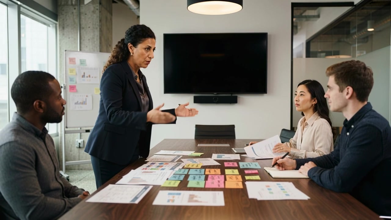 Leading woman in blazer leaning over meeting table after update, displaying sticky notes and charts