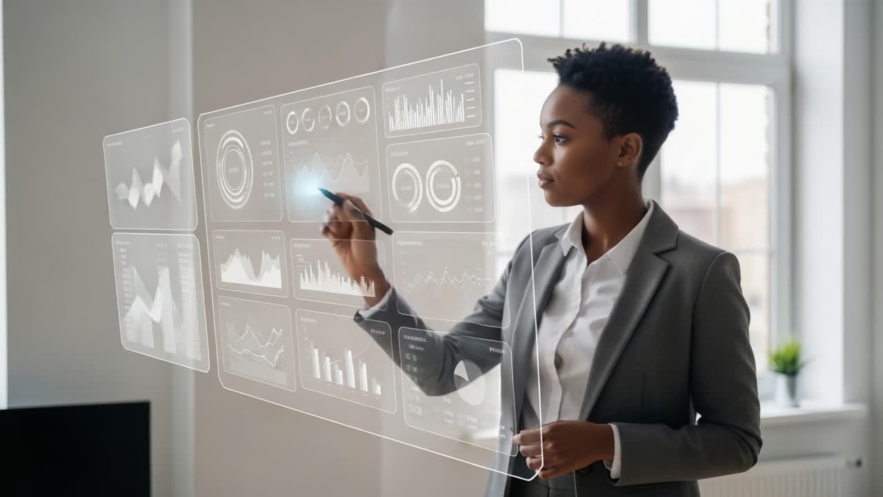 An Innovative Professional Engaging with Futuristic Data Visualization Technology in a Modern Office Setting, Showcasing Digital Analytics with a Touch of Creativity